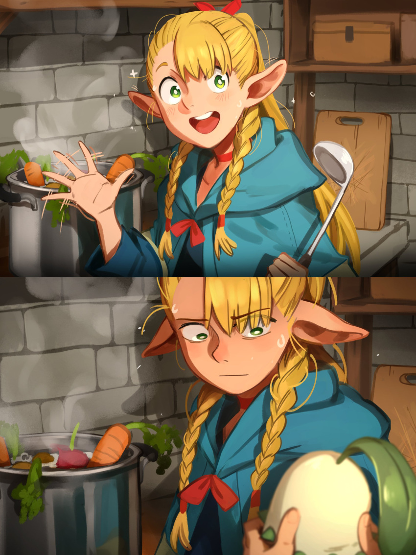 1girl absurdres blonde_hair blue_capelet blue_eyes braided_sidelock capelet chikorita cooking dungeon_meshi highres khyle. long_hair marcille_donato pokemon_(creature) pov pov_hands sidelocks solo_focus