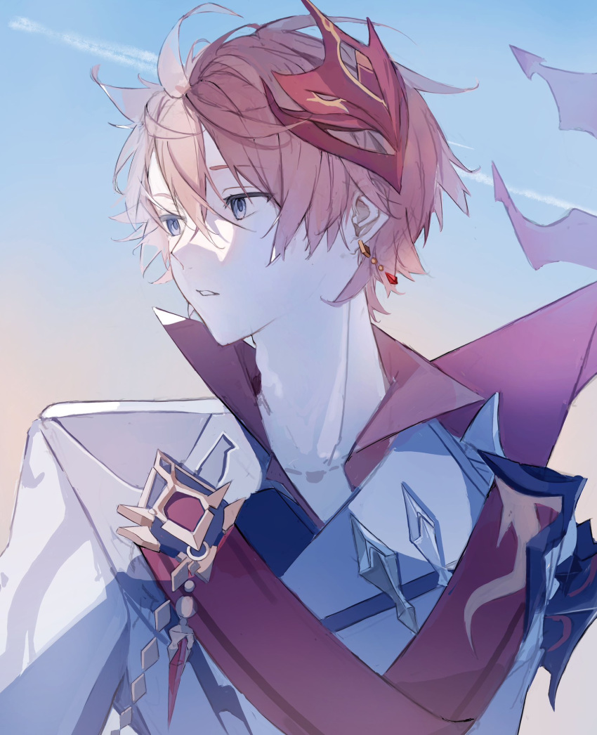 1boy arms_at_sides blue_eyes blue_sky brown_hair cape collared_shirt contrail day earrings floating genshin_impact hair_between_eyes highres jewelry kagaku_o looking_to_the_side male_focus mask mask_on_head messy_hair outdoors parted_lips red_cape red_mask shirt sky solo tartaglia_(genshin_impact) teeth white_shirt wind