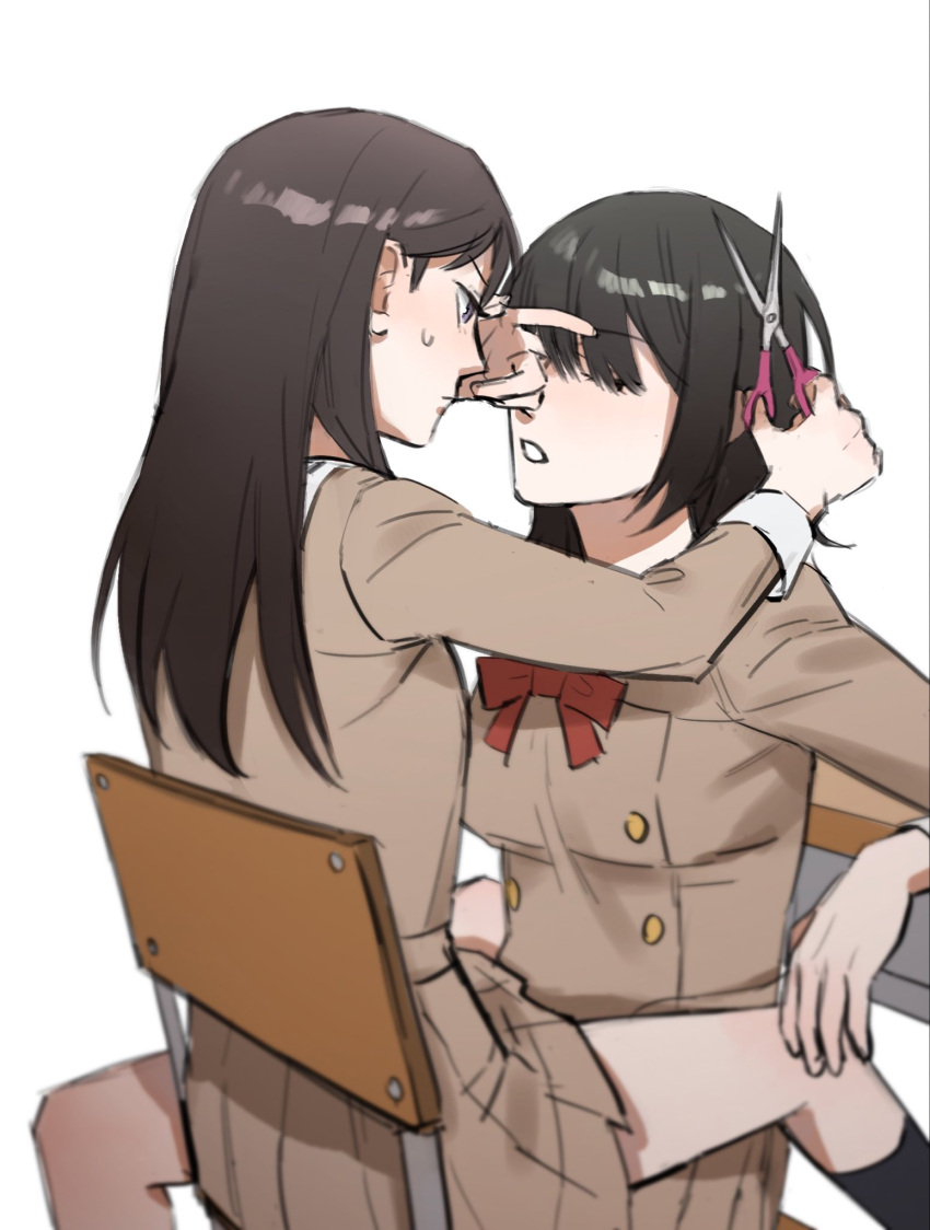 2girls bang_dream! bang_dream!_it's_mygo!!!!! black_hair black_socks bow bowtie breasts brown_dress chair closed_eyes closed_mouth commentary_request cutting_hair desk dress hanasakigawa_school_uniform highres holding holding_scissors kneehighs korean_commentary long_bangs long_hair long_sleeves looking_at_another medium_breasts multiple_girls nohee07 open_mouth red_bow red_bowtie sailor_collar sailor_dress school_chair school_desk school_uniform scissors shiina_taki simple_background socks straddling sweatdrop violet_eyes white_background white_sailor_collar yahata_umiri yuri