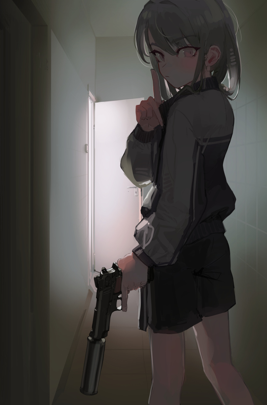 1girl :/ absurdres black_jacket black_shorts check_weapon closed_mouth feet_out_of_frame from_behind grey_hair gun hair_between_eyes hand_up handgun highres holding holding_gun holding_weapon index_finger_raised indoors jacket light_blush long_sleeves looking_at_viewer looking_back m1911 medium_hair open_door original pink_eyes polilla shorts slit_pupils solo standing suppressor tile_floor tiles track_jacket trigger_discipline weapon