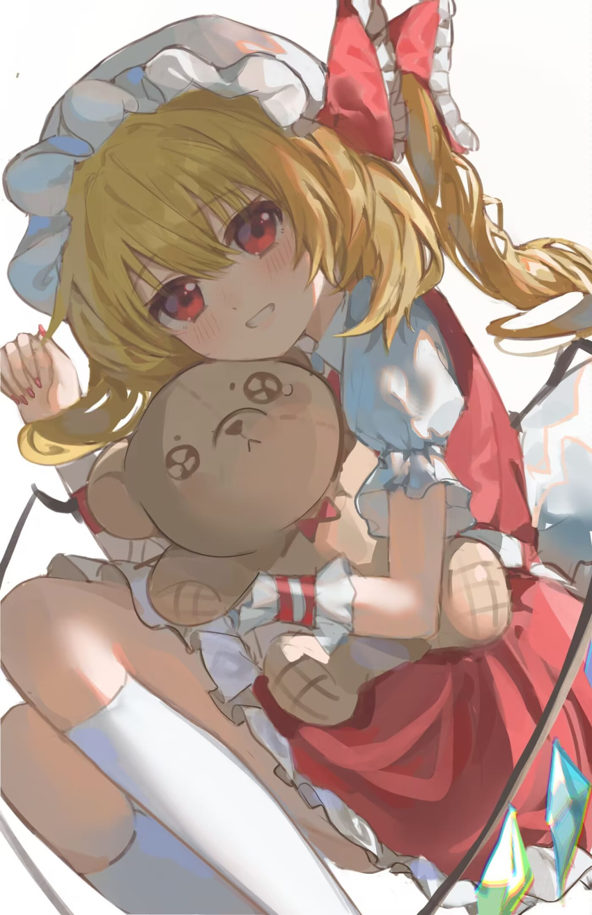 1girl blonde_hair cowboy_shot flandre_scarlet frills hat highres mob_cap puffy_short_sleeves puffy_sleeves red_eyes red_ribbon ribbon short_sleeves side_ponytail simple_background smile solo stuffed_animal stuffed_toy teddy_bear thigh-highs thighs touhou user_ptvs3537 white_background white_thighhighs