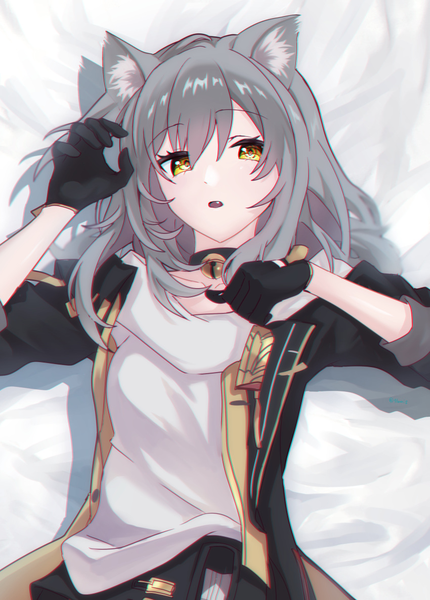 1girl absurdres animal_ears bed_sheet bell black_choker black_jacket choker commentary_request fang flaw_(4lmnis) grey_hair highres honkai:_star_rail honkai_(series) jacket kemonomimi_mode long_hair looking_at_viewer lying neck_bell on_back open_clothes open_jacket parted_lips shirt solo stelle_(honkai:_star_rail) trailblazer_(honkai:_star_rail) upper_body white_shirt yellow_eyes