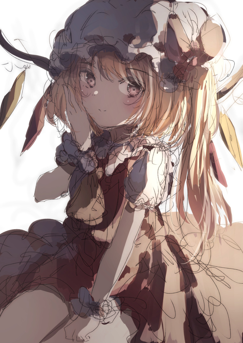 1girl ascot blush dress embodiment_of_scarlet_devil flandre_scarlet frills from_side hat hat_ribbon highres mob_cap natsume_suzuri red_dress red_eyes red_ribbon ribbon short_sleeves simple_background solo touhou upper_body white_background yellow_ascot