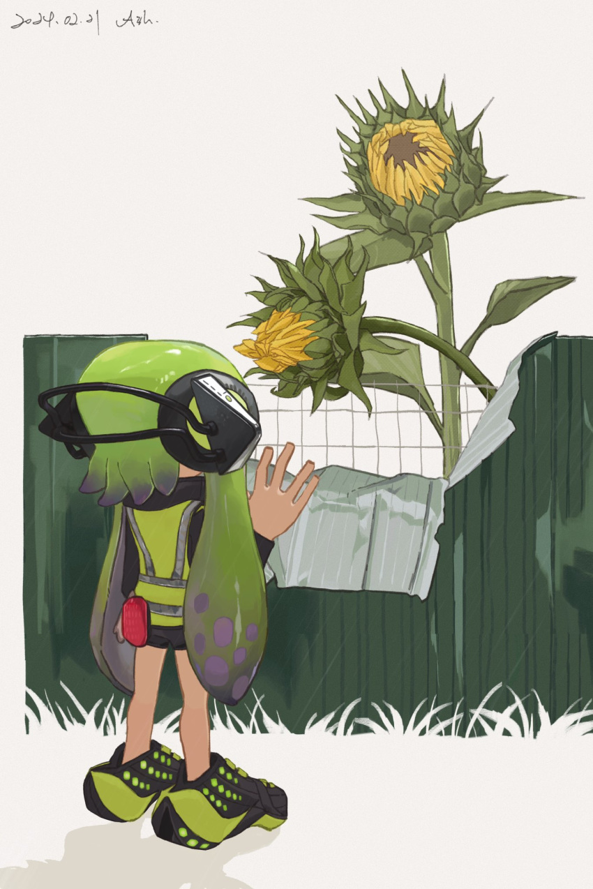 1girl agent_3_(splatoon) ash011023 bike_shorts black_footwear black_shorts commentary_request dated fence flower full_body grass green_footwear green_jacket headphones highres inkling_girl inkling_player_character jacket long_hair shoes shorts simple_background solo splatoon_(series) splatoon_1 standing sunflower tentacle_hair two-tone_footwear white_background