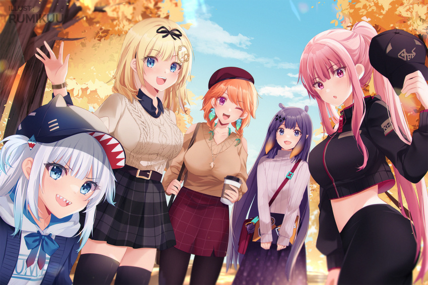 5girls alternate_costume ao-chan_(ninomae_ina'nis) autumn_leaves baseball_cap black_headwear black_jacket black_pants black_skirt black_thighhighs blonde_hair blue_hair blue_sky breasts clouds cropped_jacket cup disposable_cup earrings feather_earrings feathers gawr_gura hair_ornament hat highres holding holding_cup hololive hololive_english holomyth jacket jewelry k-rumi long_hair looking_at_viewer mori_calliope multicolored_hair multiple_girls ninomae_ina'nis one_eye_closed orange_hair pants pantyhose pink_hair pleated_skirt ponytail purple_hair purple_skirt red_eyes red_skirt shark_hair_ornament shirt skirt sky smile streaked_hair sweater takanashi_kiara takodachi_(ninomae_ina'nis) teeth tentacle_hair thigh-highs turtleneck turtleneck_sweater two_side_up upper_teeth_only very_long_hair violet_eyes virtual_youtuber watson_amelia white_hair white_shirt