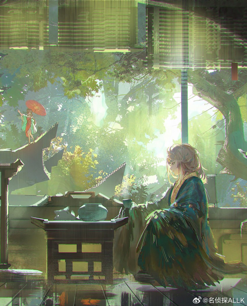 1boy 1girl allk_(pixiv_31494296) architecture arm_up backlighting bird_wings black_robe brown_feathers brown_hair brown_wings cropped cup day dress east_asian_architecture feathered_wings feathers forest from_side getian_(reverse:1999) harpy_boy highres holding holding_umbrella indoors jiu_niangzi looking_down medium_hair monster_boy nature oil-paper_umbrella on_ground on_roof plant profile red_dress reverse:1999 robe sitting solo_focus standing table teacup tree umbrella wariza weibo_logo weibo_username window winged_arms wings