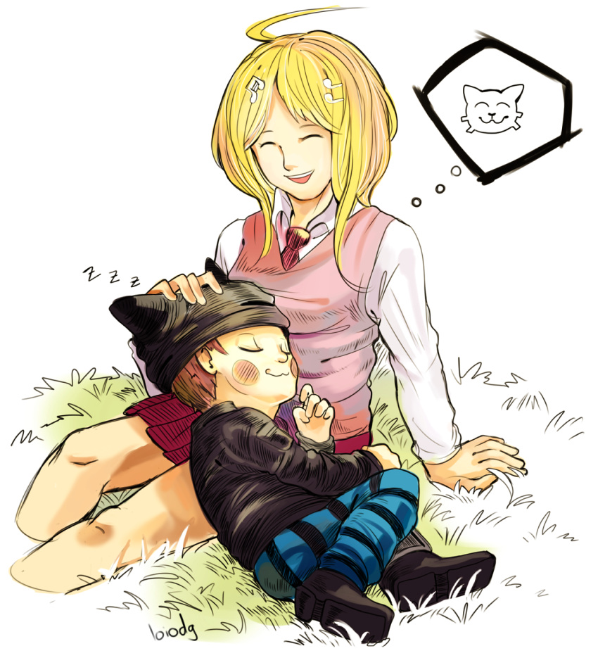 1boy 1girl ahoge akamatsu_kaede animal_ear_headwear animal_ears artist_name beanie black_footwear black_headwear black_jacket black_sleeves blonde_hair blue_pants blush_stickers brown_hair cat cat_ears closed_eyes closed_mouth collared_jacket collared_shirt commentary cropped_legs danganronpa_(series) danganronpa_v3:_killing_harmony english_commentary fake_animal_ears full_body grass hair_ornament hand_on_another's_head hat height_difference highres hoshi_ryoma jacket knees lap_pillow leather leather_jacket loiodg long_hair long_sleeves lying miniskirt musical_note musical_note_hair_ornament necktie on_side open_mouth pants pink_vest pleated_skirt prison_clothes red_necktie red_skirt shirt shoes short_hair single_ankle_cuff skirt sleeping smile spoken_animal striped_clothes striped_pants teeth thought_bubble upper_teeth_only vest white_background white_shirt white_sleeves zzz