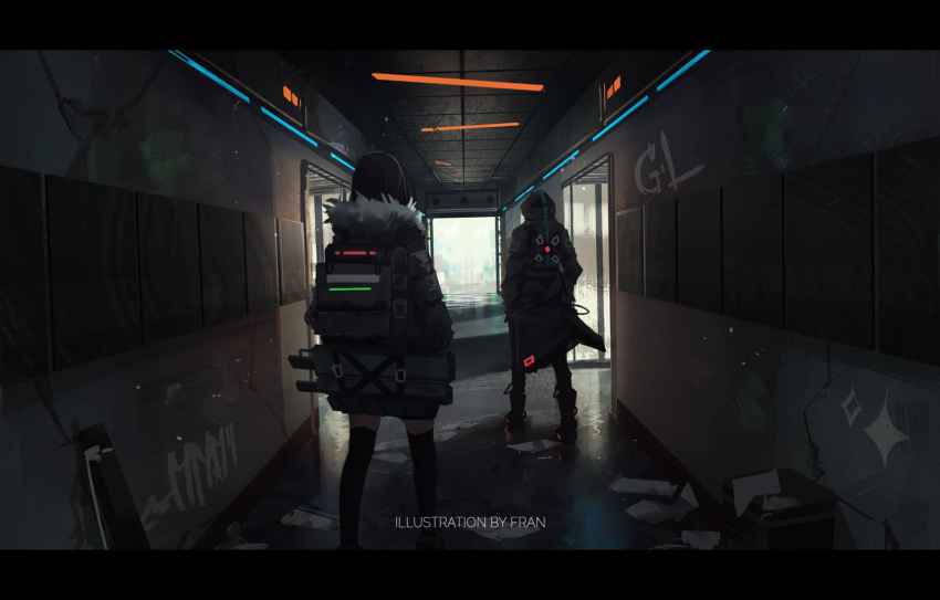1girl 1other artist_name backpack bag black_coat black_jacket black_thighhighs boots coat commentary day english_commentary english_text franlol from_behind fur-trimmed_jacket fur_trim graffiti hallway highres hood hood_up indoors jacket letterboxed original standing thigh-highs