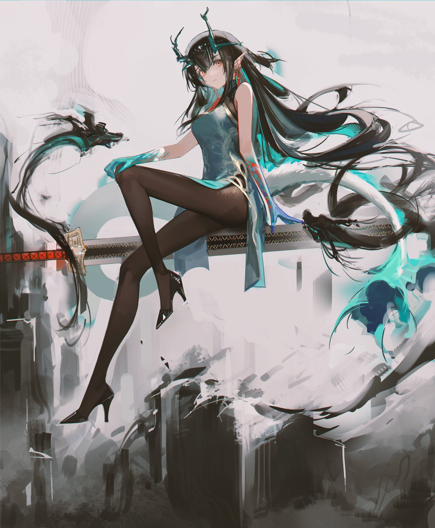 1girl arknights bare_shoulders black_footwear black_hair black_pantyhose blue_dress boboyo china_dress chinese_clothes closed_mouth colored_skin dragon dragon_girl dragon_horns dragon_tail dress dusk_(arknights) dusk_(everything_is_a_miracle)_(arknights) eastern_dragon floating from_side full_body hair_between_eyes hand_on_own_knee high_heels highres horns ink knee_up long_hair looking_at_viewer pantyhose pointy_ears red_eyes sidelocks sitting sleeveless sleeveless_dress smile solo sword tail weapon