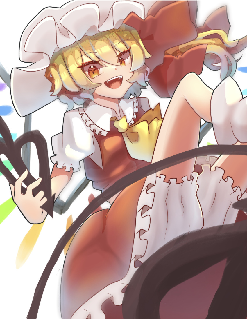 1girl absurdres ascot blonde_hair bloomers cowboy_shot crystal_wings dress flandre_scarlet hat hat_ribbon highres laevatein_(touhou) mob_cap open_mouth red_dress red_eyes red_ribbon ribbon solo touhou user_gpvc4437 yellow_ascot