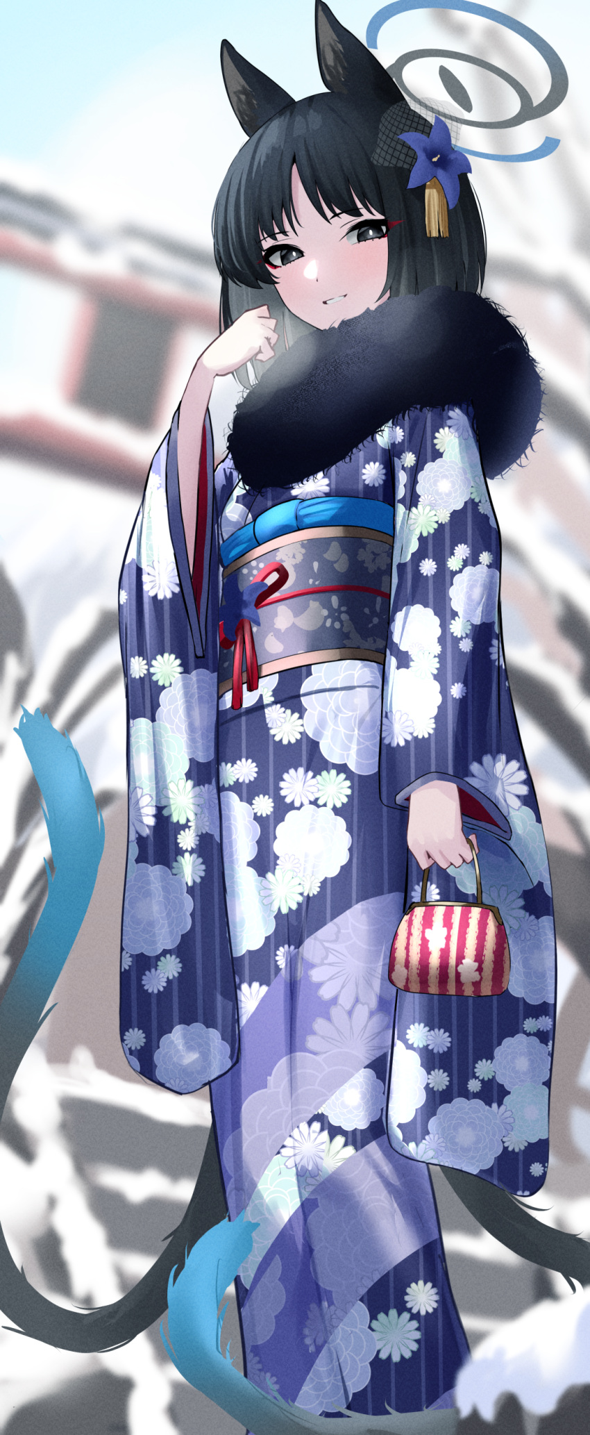1girl absurdres alternate_costume animal_ears arm_at_side black_eyes black_hair blue_archive blue_flower blue_halo blue_kimono blurry blurry_background breath bright_pupils cat_ears cat_tail commentary_request day feet_out_of_frame floral_print flower fur-trimmed_kimono fur_trim furisode grin hair_flower hair_ornament halo hand_up highres japanese_clothes kanzashi kikyou_(blue_archive) kimono long_sleeves looking_at_viewer multiple_tails new_year nichijo obi outdoors parted_lips print_kimono sash short_hair smile solo standing tail two_tails white_pupils wide_sleeves winter