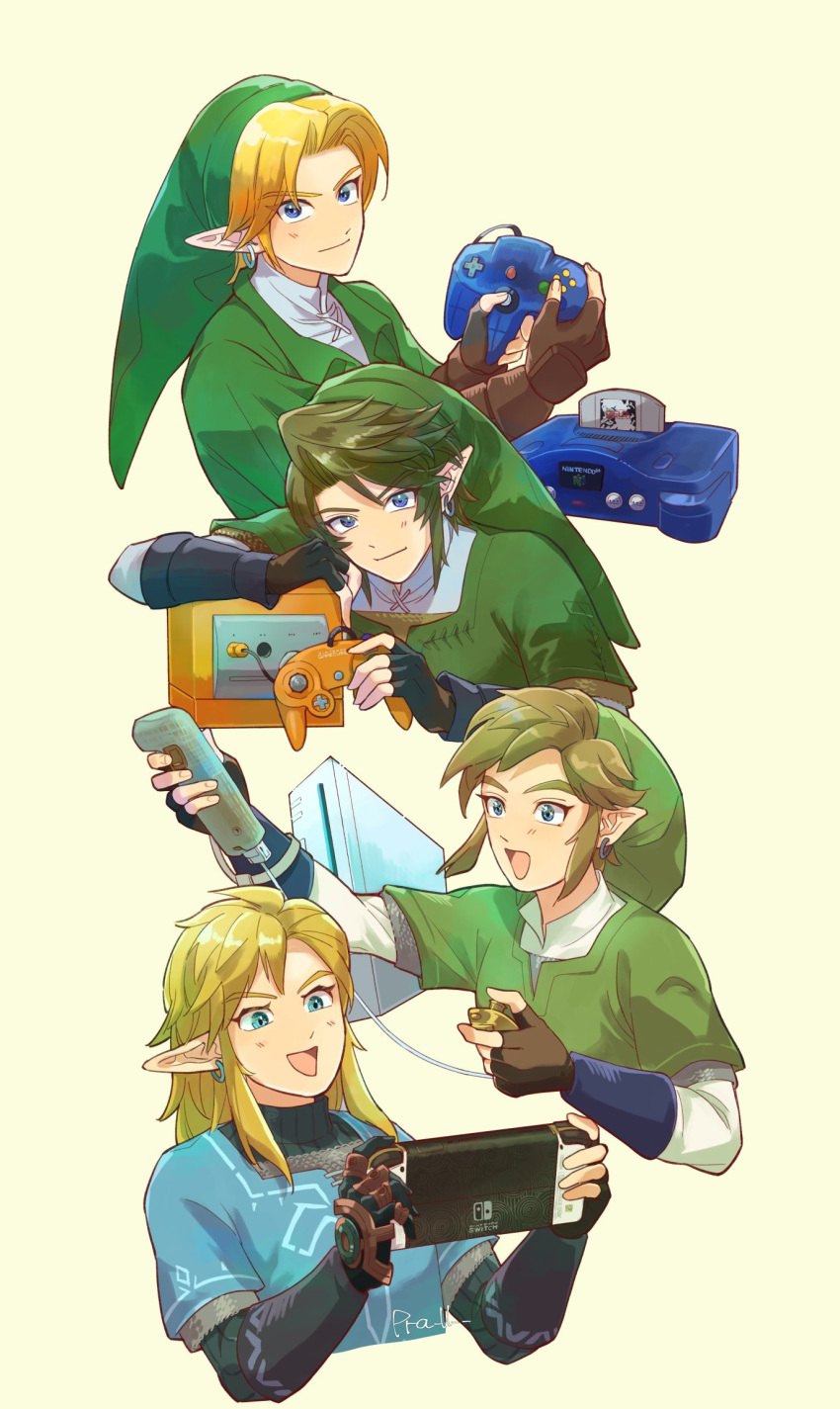 4boys :d arm_up artist_name black_gloves blonde_hair blue_eyes blue_tunic brown_gloves champion's_tunic_(zelda) closed_mouth commentary_request controller cropped_torso earrings fingerless_gloves game_cartridge game_console game_controller gamecube gamecube_controller gloves green_headwear green_tunic handheld_game_console hands_up hat highres holding holding_controller holding_game_controller holding_handheld_game_console jewelry layered_sleeves link long_hair long_sleeves looking_at_viewer multiple_boys nintendo_64 nintendo_64_controller nintendo_switch open_mouth outstretched_arm parted_bangs pointy_ears pra_11 ribbed_sweater shirt short_hair short_over_long_sleeves short_sleeves sidelocks simple_background smile sweater the_legend_of_zelda the_legend_of_zelda:_ocarina_of_time the_legend_of_zelda:_skyward_sword the_legend_of_zelda:_tears_of_the_kingdom the_legend_of_zelda:_twilight_princess tunic turtleneck turtleneck_sweater upper_body v-shaped_eyebrows white_shirt wii wii_remote yellow_background
