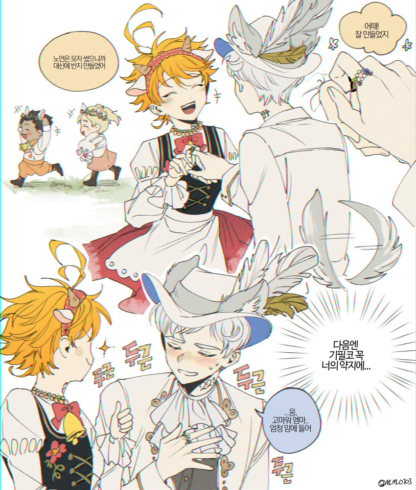2boys 2girls animal_ears antenna_hair ascot bell blush conny_(yakusoku_no_neverland) dress emma_(yakusoku_no_neverland) feathers fedora hair_ornament hat hat_ornament highres holding holding_stuffed_toy m_m_pb multiple_boys multiple_girls norman_(yakusoku_no_neverland) number_tattoo open_mouth orange_hair phil_(yakusoku_no_neverland) short_hair smile speech_bubble stuffed_toy tail tattoo teeth thumbs_up white_ascot white_hair white_headwear yakusoku_no_neverland