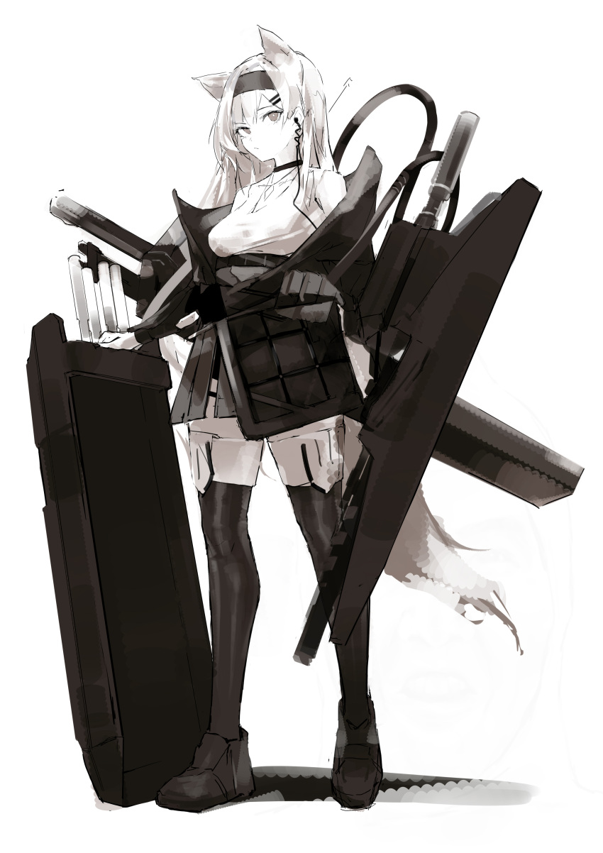 1girl absurdres animal_ears arknights artillery boots breasts choker earpiece expressionless full_body greyscale hair_intakes hair_ornament hairband hairclip highres holding holding_shield horn_(arknights) jacket large_breasts long_hair looking_at_viewer miniskirt monochrome off_shoulder open_clothes open_jacket pleated_skirt radio sakusyo serious shadow shield shirt sidelocks skirt sleeveless sleeveless_shirt solo standing tail thigh-highs wolf_ears wolf_girl wolf_tail zettai_ryouiki