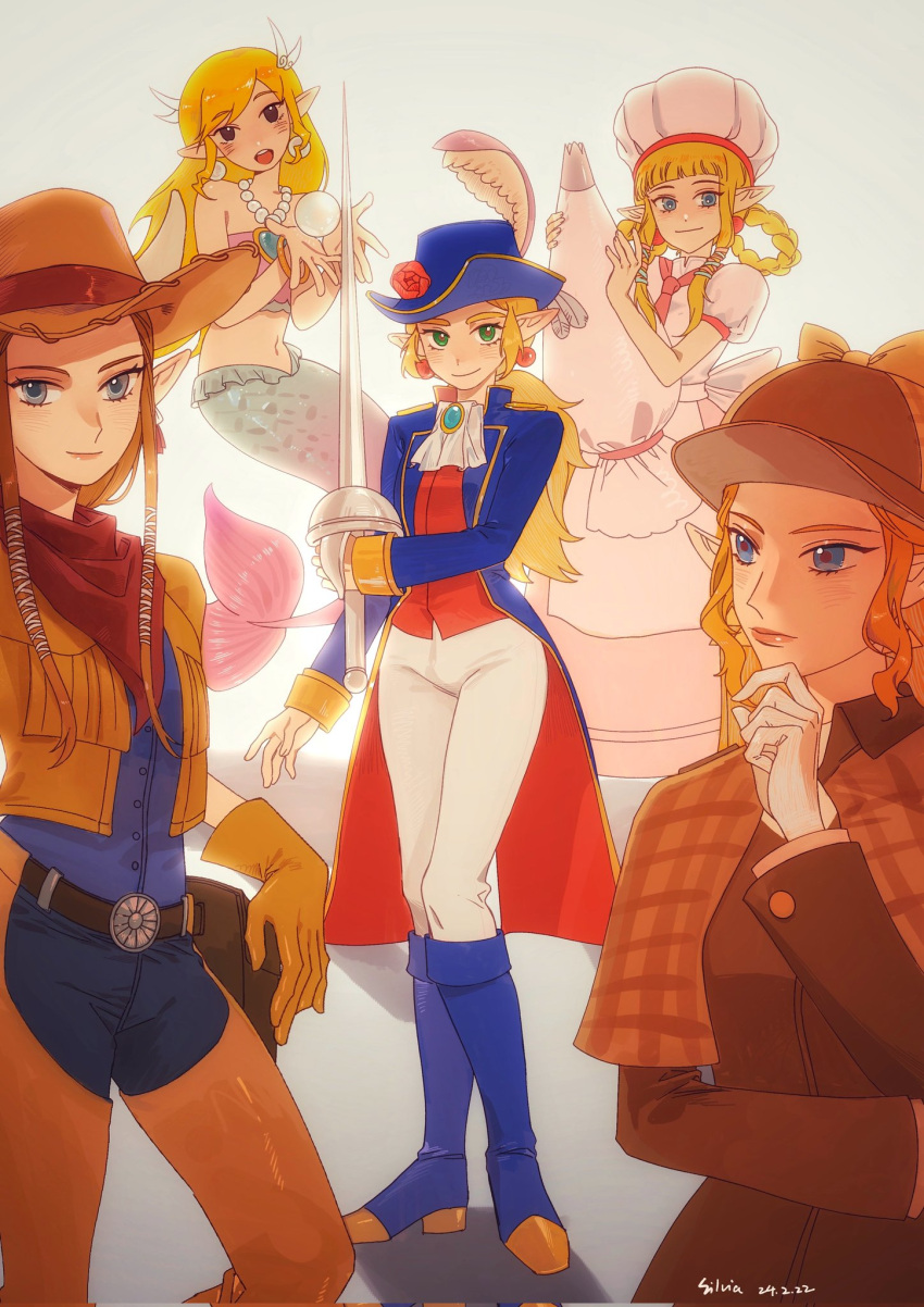 5girls ascot blonde_hair brooch brown_coat brown_hair brown_headwear chaps chef_hat coat company_connection cosplay cowboy_hat cowgirl_peach detective detective_peach epee gloves hat highres in-franchise_crossover jewelry looking_at_viewer mermaid mermaid_peach monster_girl multiple_girls patissiere_peach pointy_ears princess_peach princess_peach:_showtime! princess_peach_(cosplay) princess_zelda rapier super_mario_bros. sword swordfighter_peach swordfighter_peach_(cosplay) the_legend_of_zelda the_legend_of_zelda:_breath_of_the_wild the_legend_of_zelda:_ocarina_of_time the_legend_of_zelda:_skyward_sword the_legend_of_zelda:_the_wind_waker the_legend_of_zelda:_twilight_princess toon_zelda vest weapon white_gloves yushx31