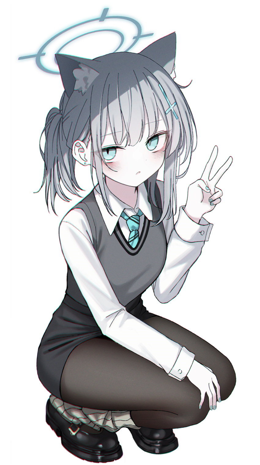 1girl absurdres animal_ear_fluff animal_ears black_footwear black_pantyhose black_vest blue_archive blue_eyes blue_halo blue_necktie blush collared_shirt commentary extra_ears full_body grey_hair halo highres karou_(lhscck302) long_sleeves looking_at_viewer medium_hair necktie pantyhose parted_lips shiroko_(blue_archive) shirt shoes simple_background socks solo squatting v vest white_background white_shirt white_socks wolf_ears