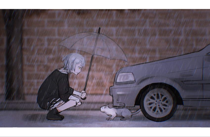 1girl bang_dream! bang_dream!_it's_mygo!!!!! black_shirt brick_wall car cat closed_mouth commentary hashtag_only_commentary highres holding holding_umbrella kaname_raana letterboxed long_sleeves motor_vehicle nohee07 outdoors rain shirt short_hair solo squatting transparent transparent_umbrella umbrella white_hair white_shirt yellow_eyes