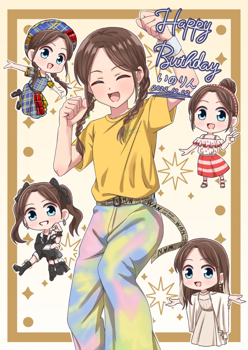 belt blue_eyes boots braid brown_hair chibi closed_eyes commentary_request dated dress earrings frilled_dress frills grin hair_bun happy_birthday highres jewelry knee_boots low_twin_braids minase_inori multicolored_pants multiple_persona open_mouth pants plaid plaid_dress plaid_headwear polka_dot polka_dot_dress real_life shirt single_hair_bun smile syun_(syun1202) t-shirt twin_braids twintails v voice_actor yellow_shirt
