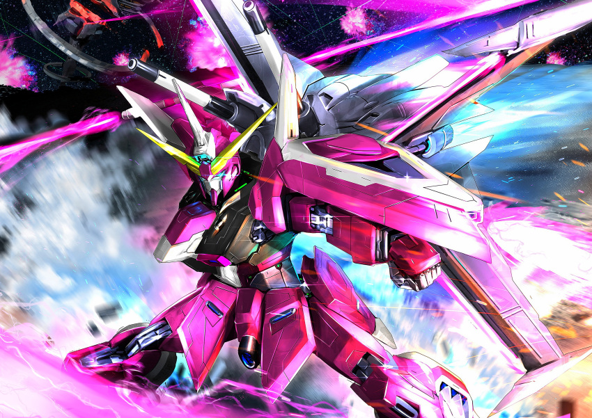 absurdres battle beam_saber commentary_request double-blade energy_blade energy_sword exhaust explosion green_eyes gundam gundam_seed gundam_seed_freedom highres holding holding_sword holding_weapon infinite_justice_gundam_type_ii mecha mechaklear mobile_suit no_humans robot science_fiction solo space sword thrusters v-fin weapon