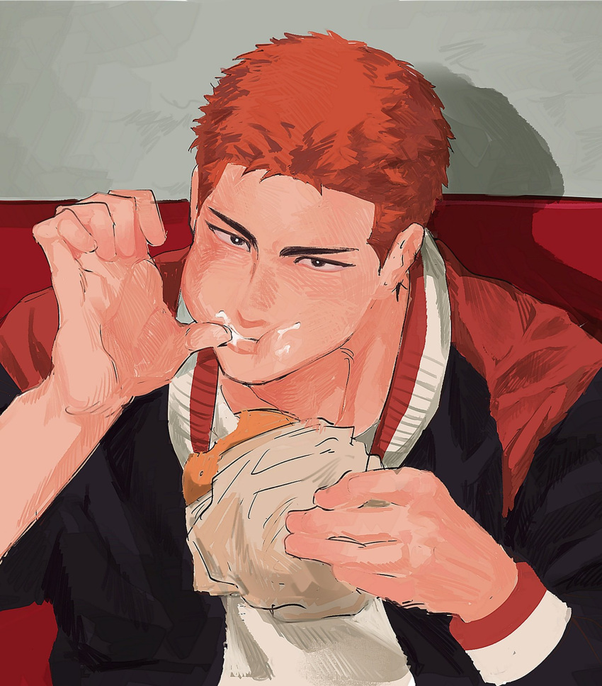 1boy 79 black_eyes chewing eating finger_in_own_mouth food food_on_face highres holding holding_food looking_at_viewer male_focus redhead sakuragi_hanamichi short_hair slam_dunk_(series) solo thumb_sucking upper_body