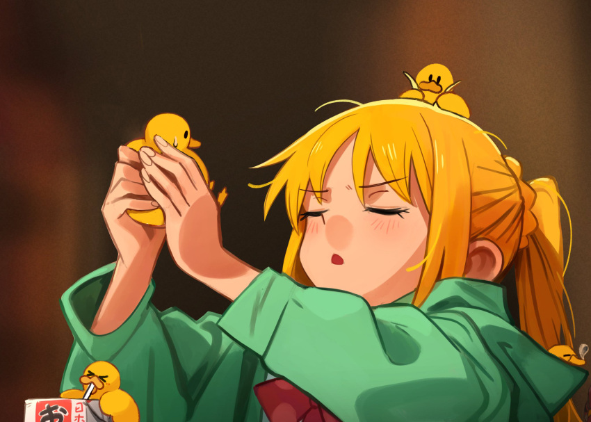 1girl alcohol_carton animal arms_up bird blonde_hair bocchi_the_rock! bow bowtie closed_eyes commentary derivative_work diva_(hyxpk) duck english_commentary fingernails green_jacket highres holding holding_animal ijichi_nijika jacket khyle. long_hair long_sleeves meme open_mouth photo-referenced ponytail red_bow red_bowtie side_ponytail solo upper_body
