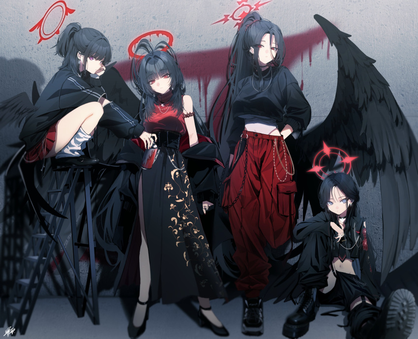 4girls absurdres alternate_costume alternate_hairstyle antenna_hair arm_on_knee arm_rest black_hair black_jacket black_shirt black_wings blood_halo blue_archive boots cargo_pants choker crop_top dangle_earrings earrings feathered_wings hair_intakes halo hasumi_(blue_archive) head_tilt high_ponytail highres ichika_(blue_archive) jacket jewelry justice_task_force_(blue_archive) knee_up large_wings long_hair looking_at_viewer loose_socks low_wings mashiro_(blue_archive) medium_hair melting_halo multiple_girls navel necklace pants parted_bangs pleated_skirt red_eyes red_halo red_shirt shirt side_slit sitting skirt socks squatting sumutemu tsurugi_(blue_archive) winged_halo wings