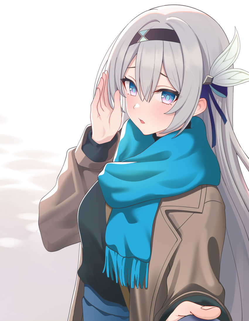 1girl absurdres alternate_costume black_hairband black_sweater blue_eyes blue_scarf blue_skirt blush breasts brown_coat coat collared_coat english_text fingernails firefly_(honkai:_star_rail) freerun79 grey_hair hair_between_eyes hair_ornament hair_ribbon hairband hand_up highres honkai:_star_rail honkai_(series) leaf_hair_ornament long_hair long_sleeves looking_at_viewer medium_breasts multicolored_eyes open_clothes open_coat open_mouth pink_eyes purple_ribbon ribbon scarf sidelocks simple_background skirt snow solo speech_bubble standing sweater textless_version turtleneck turtleneck_sweater white_background
