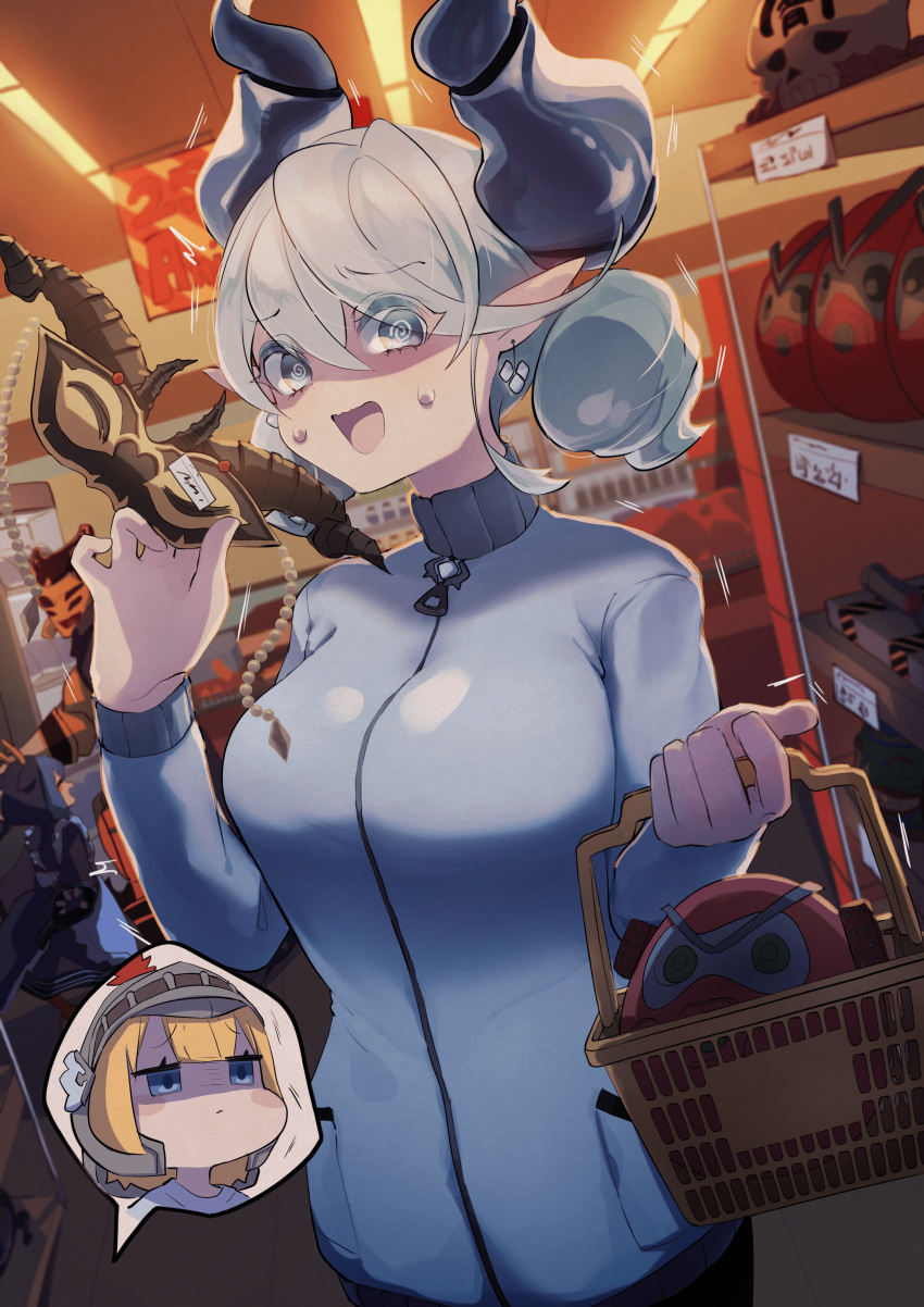 3girls @_@ absurdres apron blonde_hair blue_eyes blue_hair breasts c_civciv closed_eyes demon_girl demon_horns dragon_girl dragon_horns dragon_tail dress duel_monster grey_eyes grey_hair helmet highres horns indoors knight_(yu-gi-oh!) lace-trimmed_apron lace_trim large_breasts laundry_dragonmaid long_sleeves lovely_labrynth_of_the_silver_castle maid maid_apron mixed_maids multiple_girls open_mouth plume pointy_ears short_hair sweat tail training twintails wa_maid white_horns yu-gi-oh!