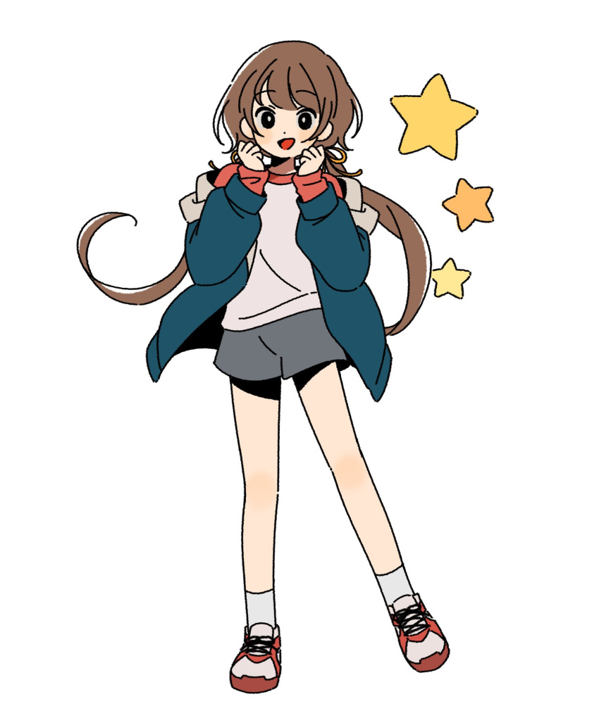 1girl :d bare_legs black_eyes blue_jacket blush brown_hair dot_nose full_body grey_shorts hair_ribbon hands_up harumaru_sk highres jacket legs_apart long_sleeves low_twintails open_clothes open_jacket open_mouth orange_ribbon original red_footwear ribbon shirt shoes shorts simple_background smile socks solo star_(symbol) straight-on twintails white_background white_shirt white_socks