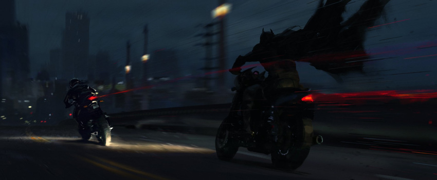 1boy 1girl armored_bodysuit batman batman_(series) blue_sky blurry blurry_background blurry_foreground building city_lights cityscape concept_art dc_comics exhaust film_grain floating_cape gotham headlight helmet highres leaning_forward light_trail long_sleeves motor_vehicle motorcycle motorcycle_helmet night official_art on_motorcycle realistic riding road selina_kyle sky skyscraper speed_lines tail_lights the_batman_(2022) tire vehicle_chase wide_shot