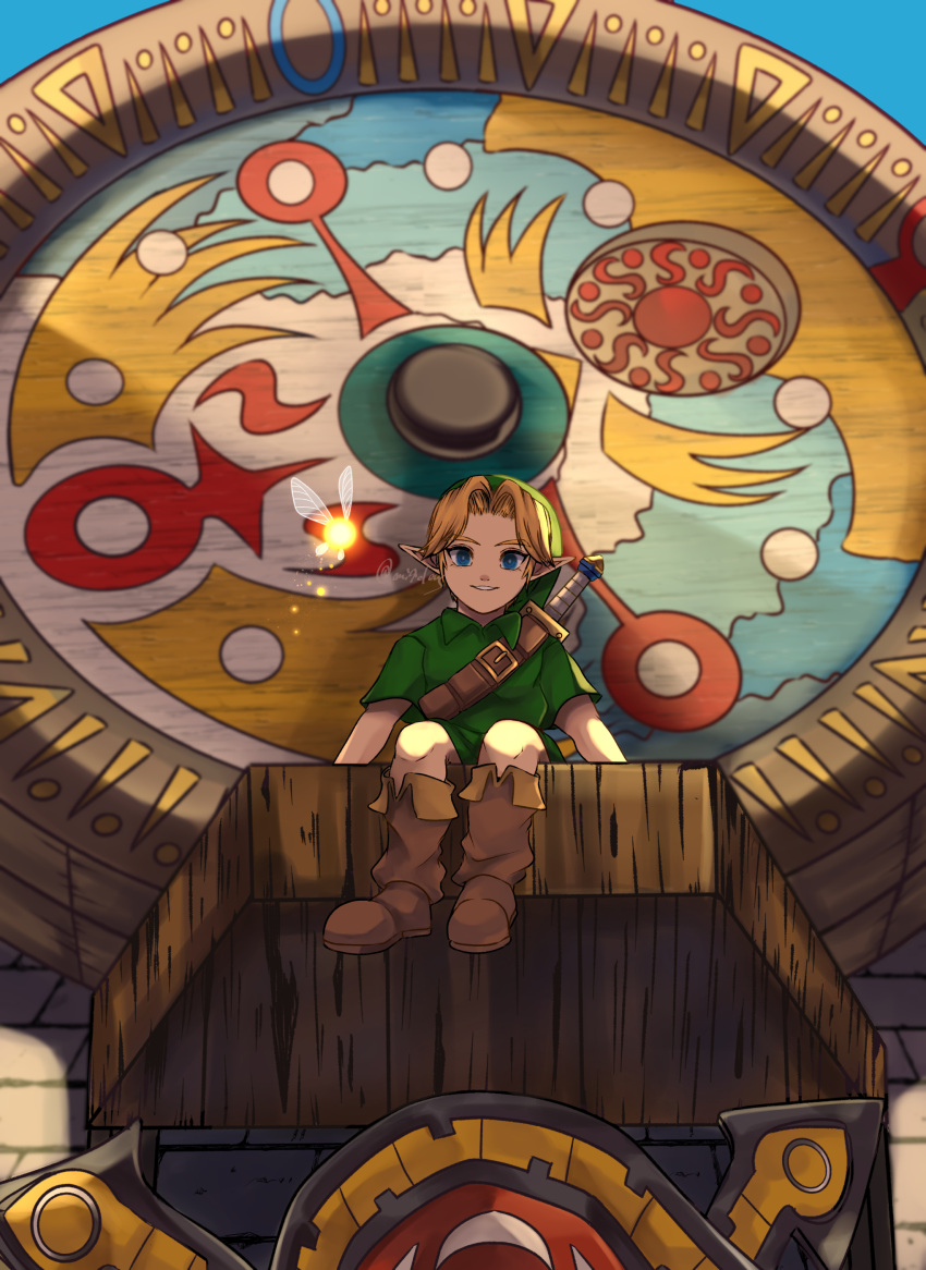 1boy absurdres belt blonde_hair blue_eyes boots clock clock_tower green_headwear green_tunic hat highres link male_focus mi9clous pointy_ears short_hair sitting smile sword tatl the_legend_of_zelda the_legend_of_zelda:_majora's_mask tower tunic weapon young_link