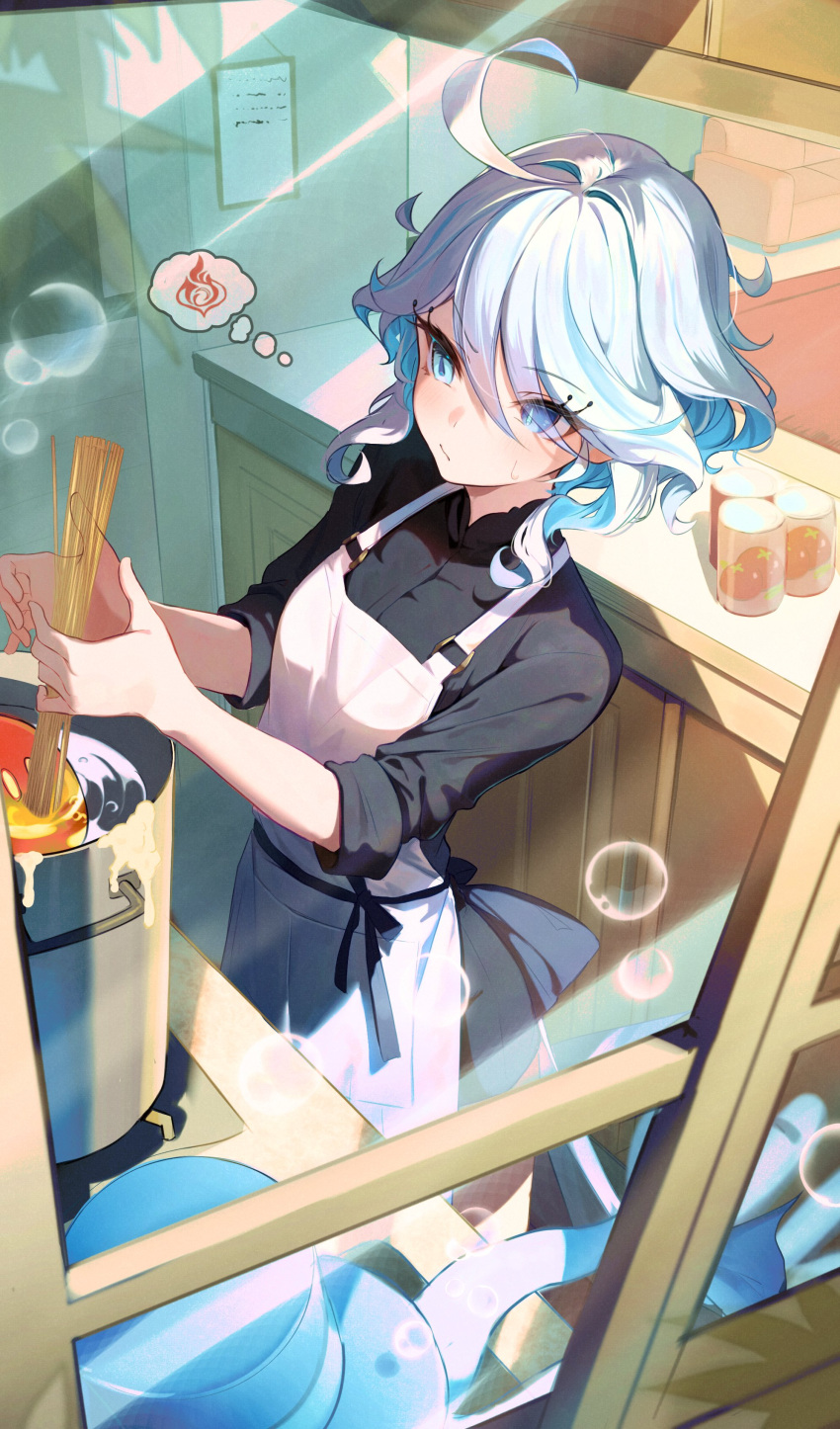 1girl absurdres alternate_costume apron black_shirt blue_eyes blue_hair commentary_request cooking cooking_pot cowlick food from_above furina_(genshin_impact) genshin_impact highres indoors lumo_1121 multicolored_hair pasta shirt sleeves_rolled_up solo spaghetti speech_bubble two-tone_hair white_apron white_hair window