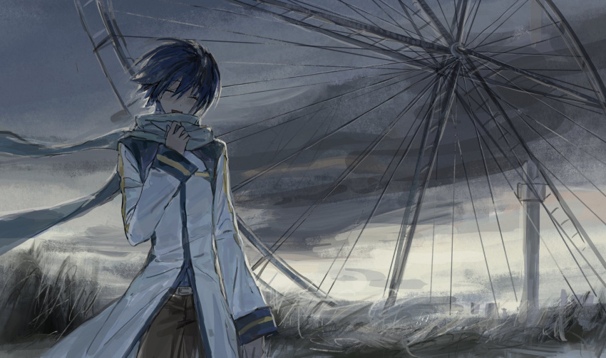 1boy adjusting_scarf architecture backlighting belt blue_hair blue_scarf blush brown_pants closed_eyes clouds cloudy_sky coat commentary dusk english_commentary grass grey_sky hand_up highres kaito_(vocaloid) male_focus mnkurooo multicolored_coat muted_color open_mouth outdoors pants pillar scarf short_hair sky sleeve_cuffs smile solo upper_body vocaloid wind yellow_sky