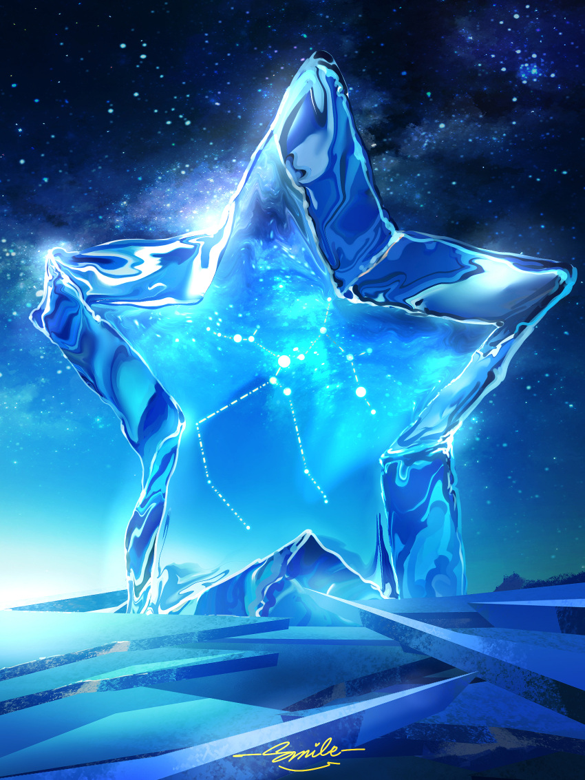 absurdres artist_name constellation highres ice night night_sky no_humans original outdoors sagittarius_(constellation) scenery sky smile_(qd4nsvik) star_(sky) star_(symbol) starry_sky