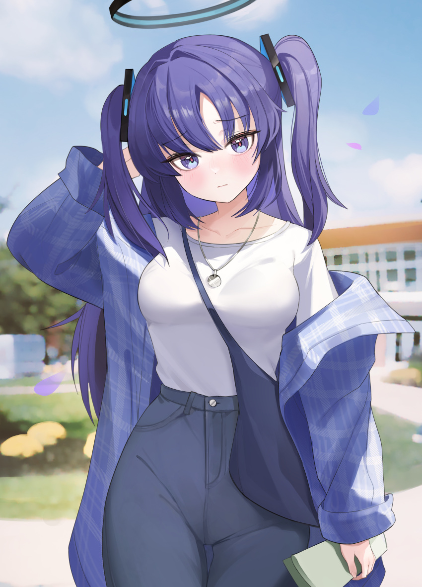 1girl absurdres alternate_costume black_pants blue_archive blush closed_mouth cowboy_shot day halo highres long_hair long_sleeves mechanical_halo outdoors pants purple_hair shirt solo two_side_up violet_eyes white_shirt yuuka_(blue_archive) zije