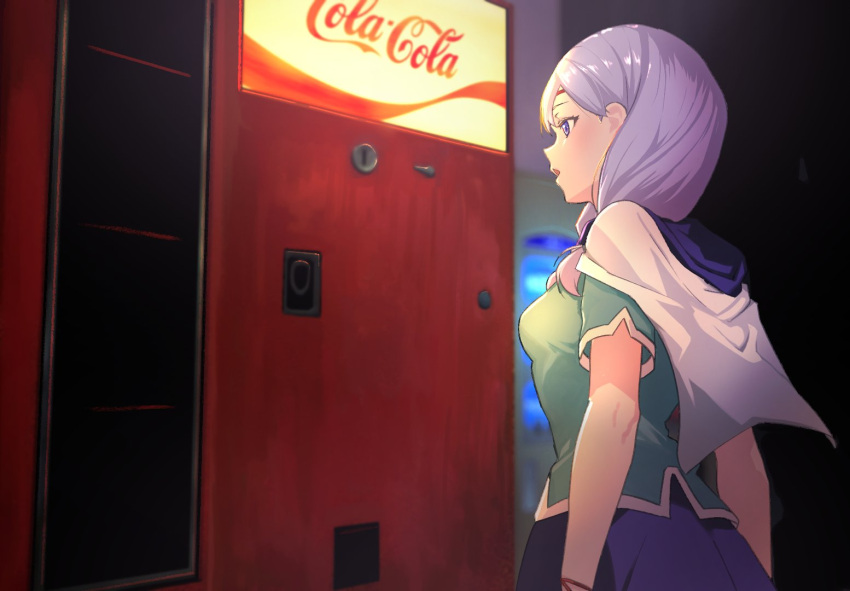 1girl ahonoko capelet circlet coca-cola commentary company_name eyelashes fire_emblem fire_emblem:_path_of_radiance ilyana_(fire_emblem) indoors logo long_hair open_mouth purple_hair solo standing symbol-only_commentary vending_machine violet_eyes white_capelet