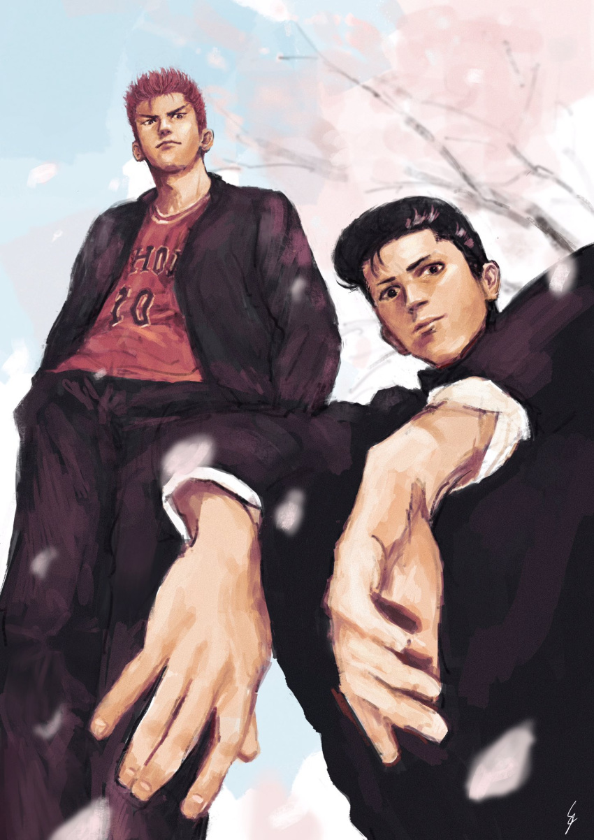 2boys black_hair cherry_blossoms day feet_out_of_frame from_below gakuran hands_in_pockets highres k05062688 looking_at_viewer male_focus mito_youhei multiple_boys outdoors pompadour redhead sakuragi_hanamichi school_uniform slam_dunk_(series) smile