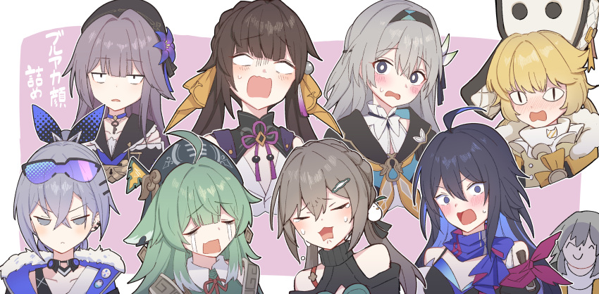 6+girls absurdres ahoge black_hairband black_headwear blonde_hair blue_archive blush brown_hair closed_eyes commentary_request crossed_bangs crying doodle_sensei_(blue_archive) eyewear_on_head firefly_(honkai:_star_rail) goggles gradient-tinted_eyewear green_hair green_headwear grey_hair hair_ribbon hairband hat herta_(honkai:_star_rail) highres honkai:_star_rail honkai_(series) hook_(honkai:_star_rail) huohuo_(honkai:_star_rail) long_hair looking_at_viewer multiple_girls open_mouth parody purple_hair qingque_(honkai:_star_rail) ribbon seele_(honkai:_star_rail) sensei_(blue_archive) silver_wolf_(honkai:_star_rail) smile stelle_(honkai:_star_rail) sushang_(honkai:_star_rail) trailblazer_(honkai:_star_rail) translation_request twintails v-shaped_eyebrows white_eyes yume_sai