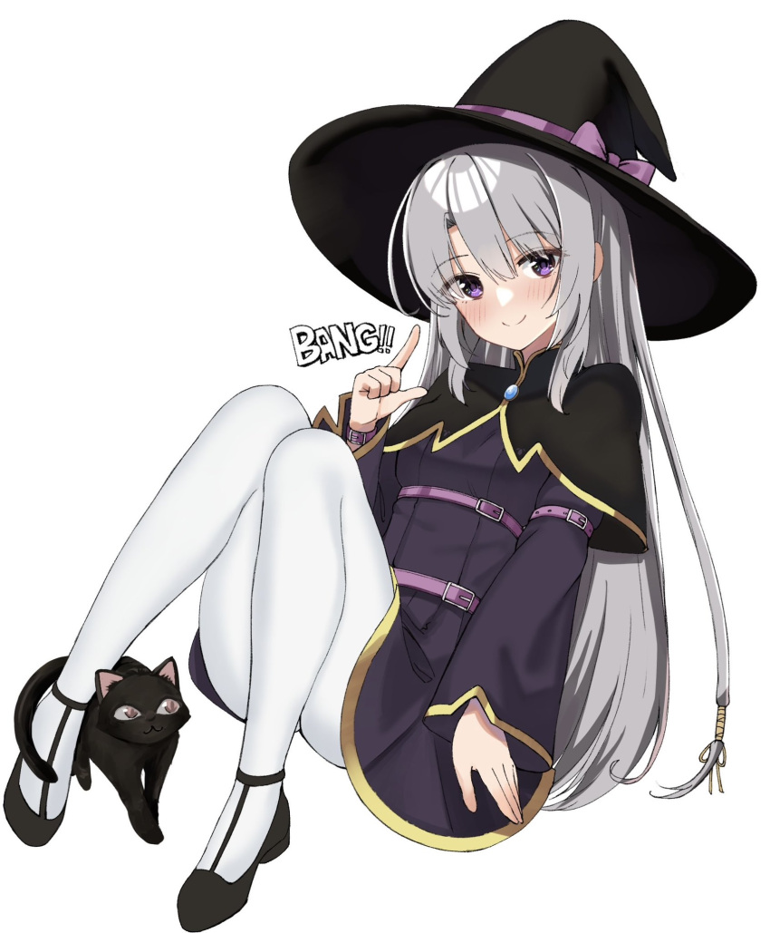 1girl adapted_costume arm_at_side ayachi_nene belt black_capelet black_cat black_footwear blush bow capelet cat closed_mouth commentary_request convenient_leg dress eyes_visible_through_hair full_body grey_hair hair_between_eyes hand_up hat hat_bow high_heels highres index_finger_raised knees_up long_hair long_sleeves looking_at_viewer low-tied_long_hair pantyhose pink_belt pink_bow pumps purple_dress sanoba_witch short_dress sidelocks simple_background sitting smile solo souma_nanao sound_effects split_mouth straight_hair tft_(tft7822) tsurime very_long_hair violet_eyes white_background white_pantyhose wide_sleeves witch witch_hat