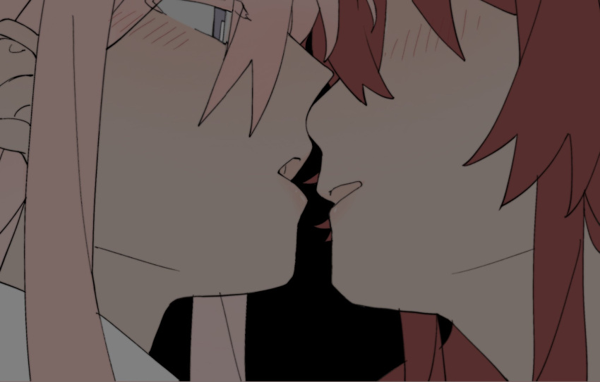 2girls black_background blush bocchi_the_rock! close-up commentary gotoh_hitori highres imminent_kiss kita_ikuyo multiple_girls noses_touching parted_lips pink_hair redhead simple_background yanlingjinshilihuahua