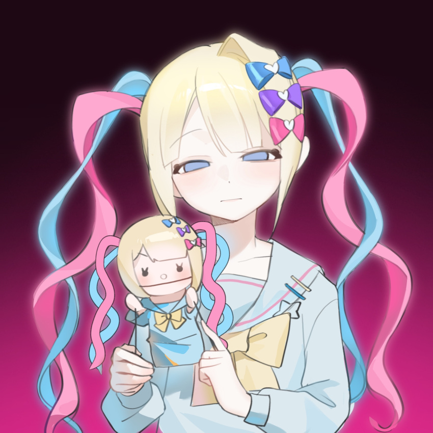 1girl blonde_hair blue_bow blue_eyes blue_hair blue_shirt bow chouzetsusaikawa_tenshi-chan closed_mouth empty_eyes expressionless fuhuo_de_pijiu gradient_background hair_bow hair_ornament hand_puppet heart heart_hair_ornament highres holding long_hair long_sleeves looking_at_viewer multicolored_hair multiple_hair_bows needy_girl_overdose pink_background pink_bow pink_hair puppet purple_bow quad_tails sailor_collar shirt solo twintails upper_body yellow_bow