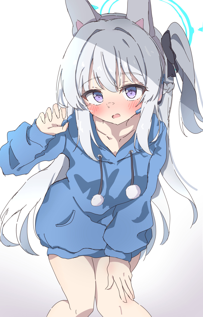 1girl absurdres animal_ears blue_archive blue_halo blue_hoodie blush collarbone fake_animal_ears feet_out_of_frame grey_hair halo highres hood hood_down hoodie long_hair long_sleeves looking_at_viewer miyako_(blue_archive) natsukari_na official_alternate_costume one_side_up open_mouth rabbit_ears solo violet_eyes