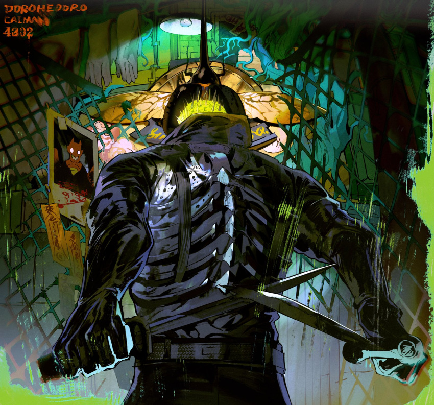 1boy armor belt black_gloves black_jacket bug caiman_(dorohedoro) ceiling_light chain-link_fence dorohedoro dual_wielding facing_away fence from_behind gloves highres holding holding_knife jacket knife lamp lizardman long_sleeves looking_at_viewer male_focus nano_(c175311) ofuda photo_(object) reptile_boy reverse_grip roots signature solo spikes tentacles unworn_gloves upper_body