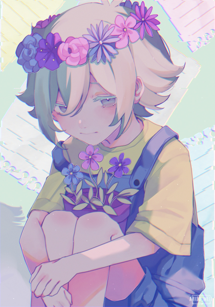 1boy alice_invader antenna_hair basil_(headspace)_(omori) basil_(omori) blue_flower blue_overalls buttons colored_eyelashes flower flower_pot green_hair green_shirt grey_eyes hair_between_eyes head_wreath highres knees_up looking_at_viewer omori overall_shorts overalls pink_flower purple_flower shirt short_hair shorts sitting solo