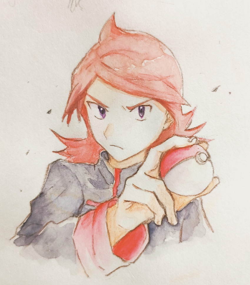 1boy absurdres asuka_rkgk closed_mouth cowlick frown grey_jacket hand_up highres holding holding_poke_ball jacket long_hair long_sleeves looking_at_viewer male_focus poke_ball poke_ball_(basic) pokemon pokemon_hgss redhead silver_(pokemon) solo traditional_media upper_body