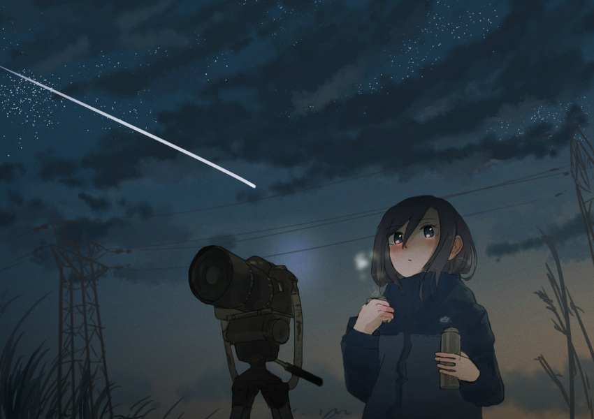 1girl black_hair blue_jacket blush breath camera closed_mouth clouds commentary_request grass hair_between_eyes inami_hatoko jacket long_sleeves night night_sky original outdoors power_lines shooting_star sidelocks sky solo steam thermos transmission_tower tripod violet_eyes