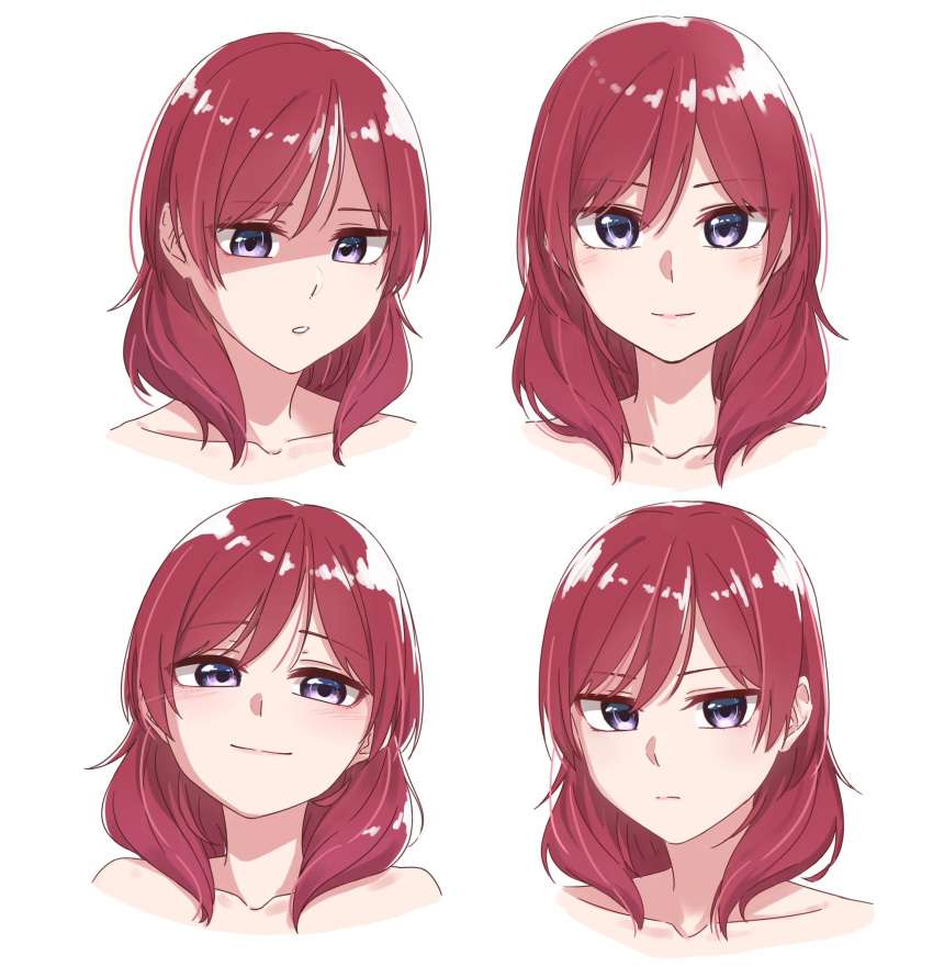 1girl blush closed_mouth collarbone commentary_request cropped_shoulders furrowed_brow glaring highres looking_at_viewer looking_down love_live! love_live!_school_idol_project medium_hair multiple_views nishikino_maki parted_lips redhead reference_sheet s_sho_mkrn shaded_face sidelocks smile violet_eyes white_background