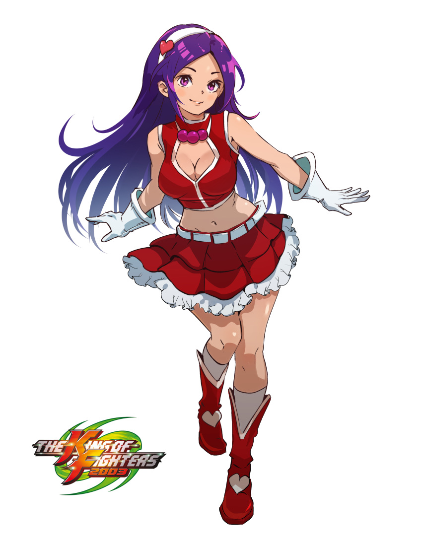 1girl absurdres asamiya_athena bad_link boots clothing_cutout hair_ornament hairband heart heart_cutout heart_hair_ornament highres knee_boots psycho_soldier purple_hair red_skirt skirt snk solo the_king_of_fighters the_king_of_fighters_2003 violet_eyes white_background