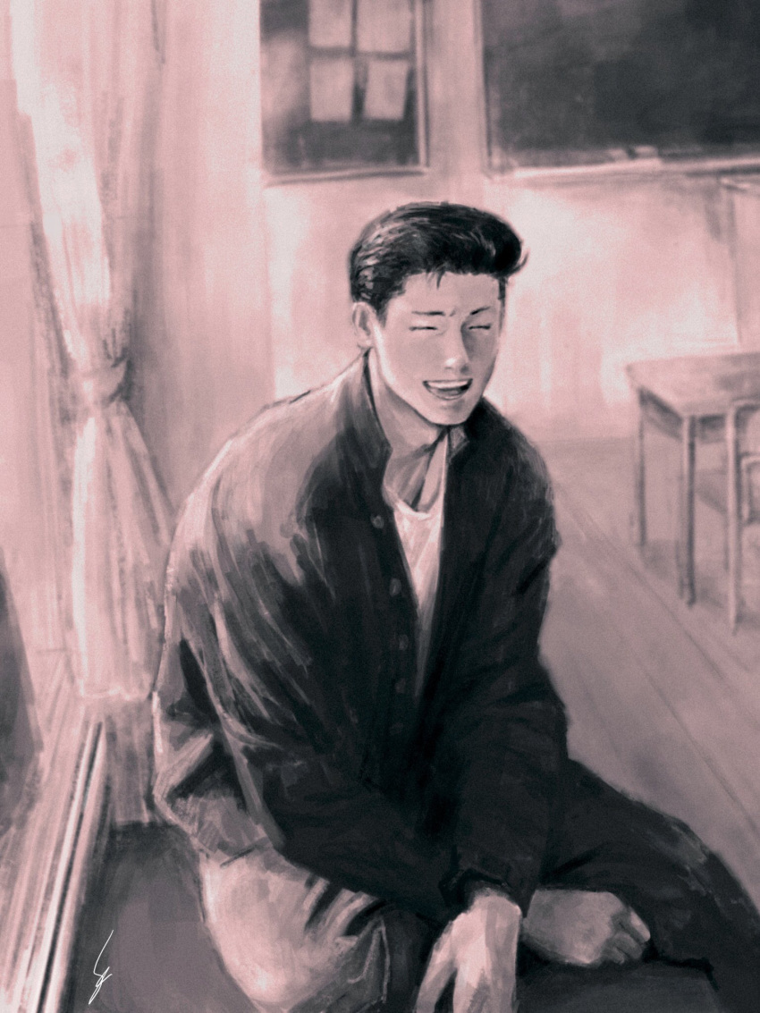 1boy black_hair chair chalkboard classroom closed_eyes curtains day desk feet_out_of_frame highres indoors k05062688 male_focus mito_youhei monochrome pompadour school_chair school_desk short_hair sitting slam_dunk_(series) smile solo