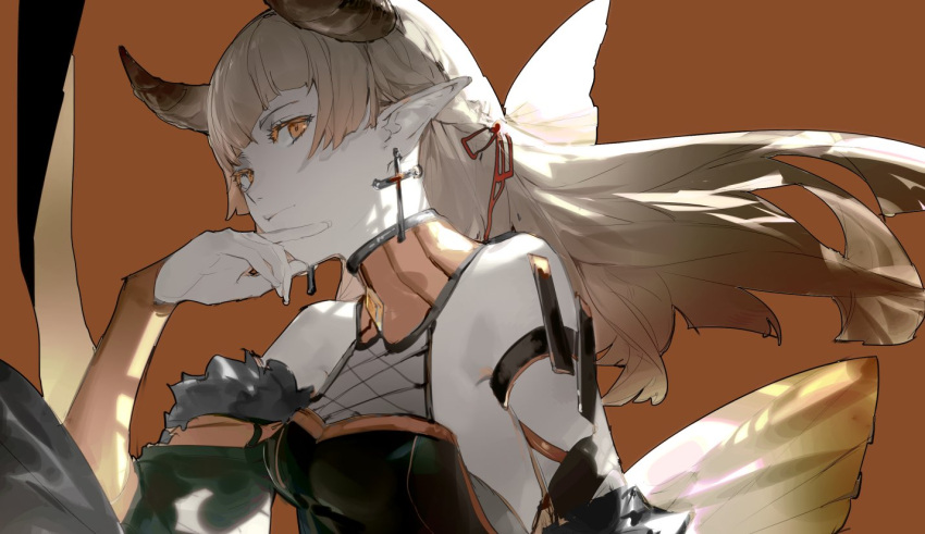 1girl arcaea arm_belt back_bow bare_shoulders belt black_belt black_dress black_sleeves blonde_hair blunt_bangs bow braid closed_mouth collar colored_eyelashes cross cross_earrings demon_horns detached_collar detached_sleeves dress earrings expressionless fingernails fishnet_dress floating_hair fur-trimmed_sleeves fur_trim hair_ribbon hand_on_own_chin high_collar horns jewelry layered_sleeves lethe_(arcaea) lobelia_(saclia) long_hair long_sleeves orange_background orange_bow orange_collar orange_eyes orange_sleeves pale_skin palms pointy_ears red_ribbon ribbon side_braid sleeveless sleeveless_dress sleeves_past_wrists solo upper_body yellow_horns